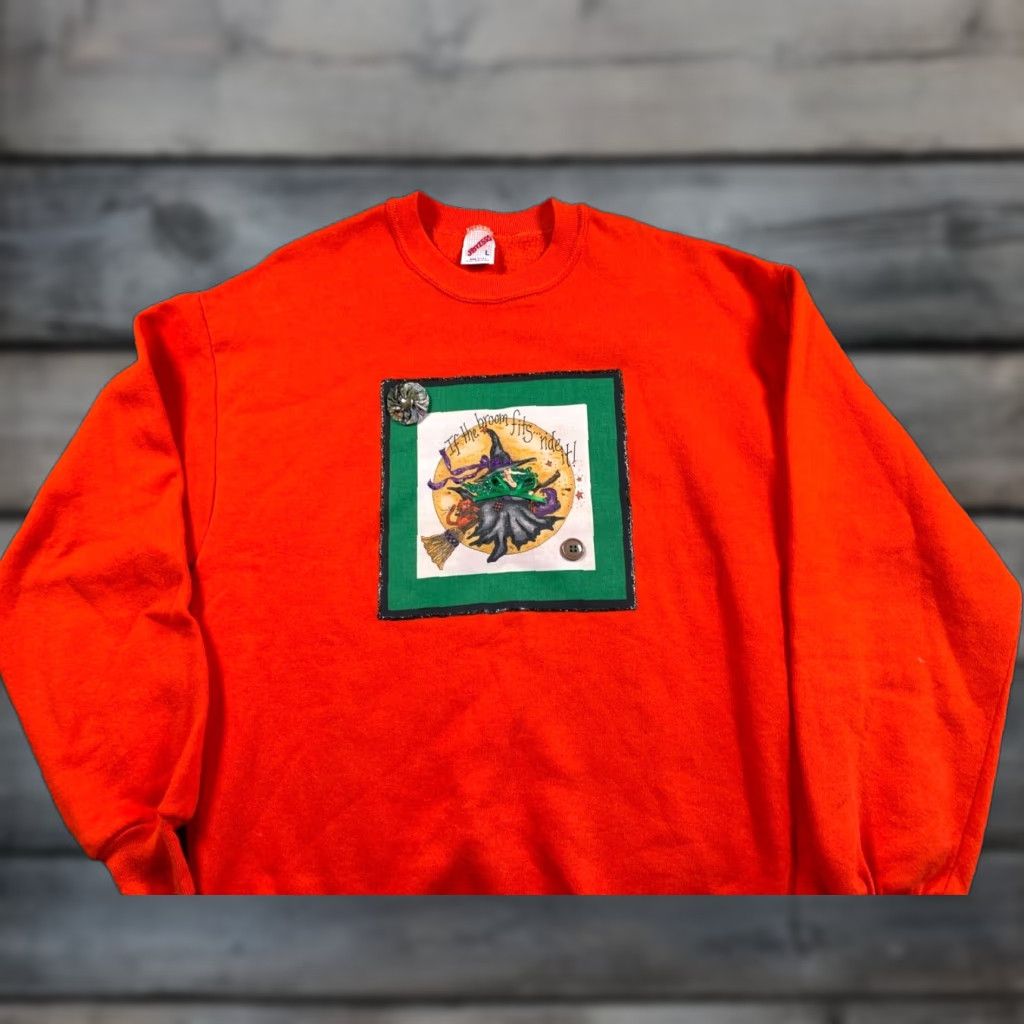 Jerzees VINTAGE Jerzees Sweatshirt Halloween 50/50 Orange Large Adult Men 90s Graphic Print Broom Ride It Crew Neck Long Sleeve Pullover Holiday Retro Shirt Size US L / EU 52-54 / 3 - 1 Thumbnail