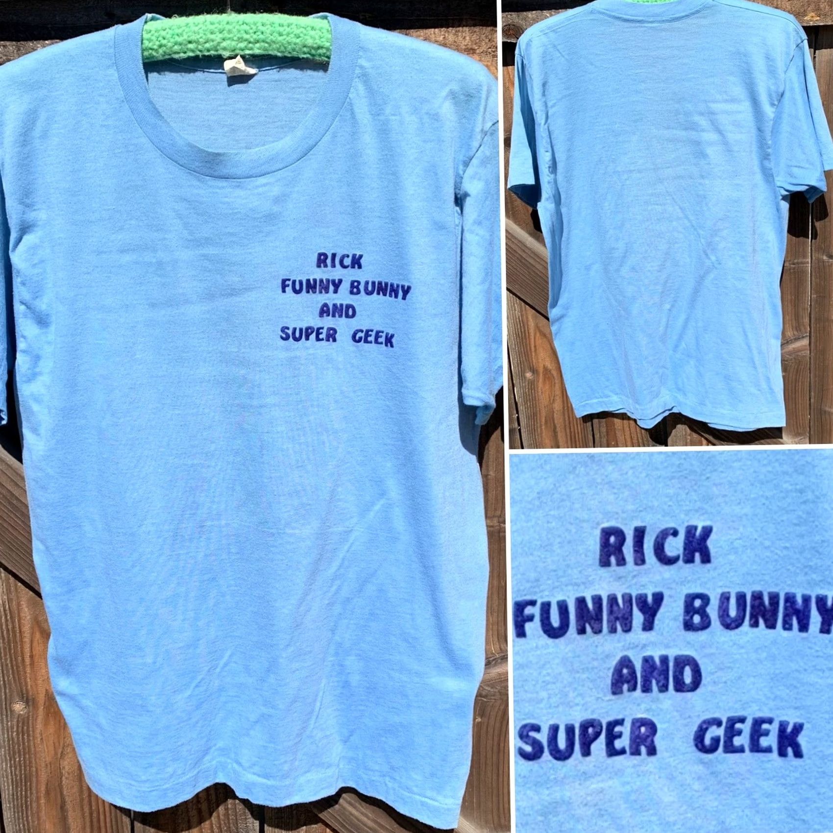Vintage VINTAGE Rick Funny Bunny and Super Geek t-shirt (iron on lettering) 80s 1980s L Shirt Unisex Blue Screen Stars 1980s Mens Womens Girls Boys Size US L / EU 52-54 / 3 - 7 Thumbnail
