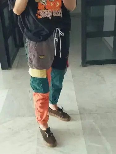 Jean Color Patchwork Cargo Pants Hip Hop Joggers Size US 40 / EU 56 - 2 Thumbnail