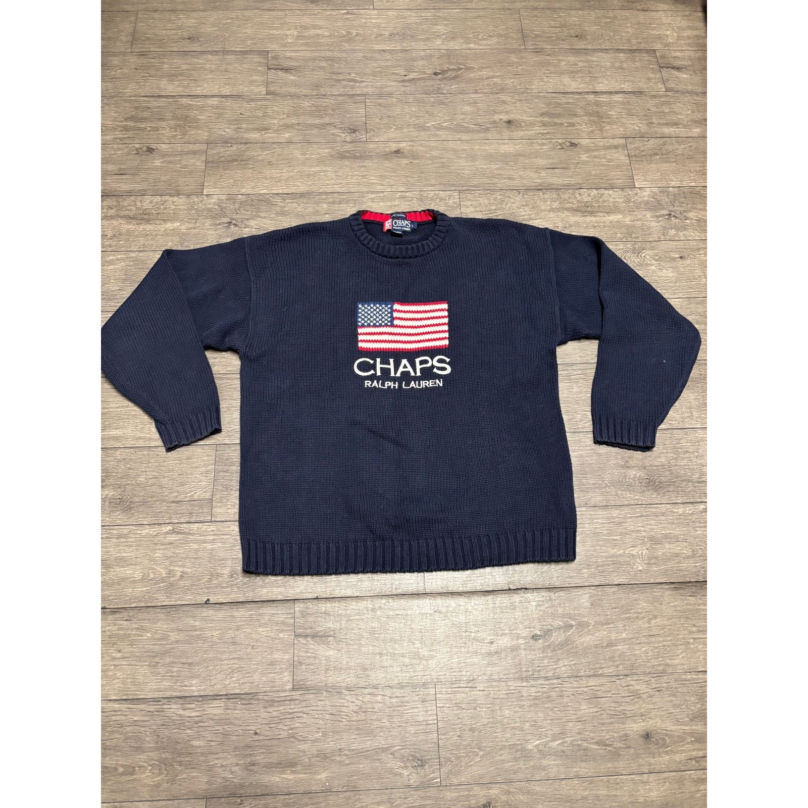 Chaps Ralph Lauren × Vintage Vintage Chaps Ralph Lauren USA Flag Sweater Blue Sz L Size US L / EU 52-54 / 3 - 1 Thumbnail