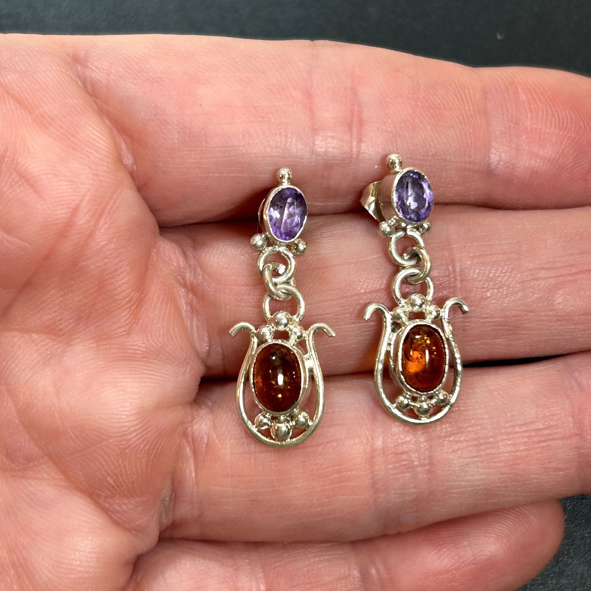 Vintage Sterling Silver 925 Amber & Amethyst Dangle Earrings Scroll Size ONE SIZE - 2 Thumbnail