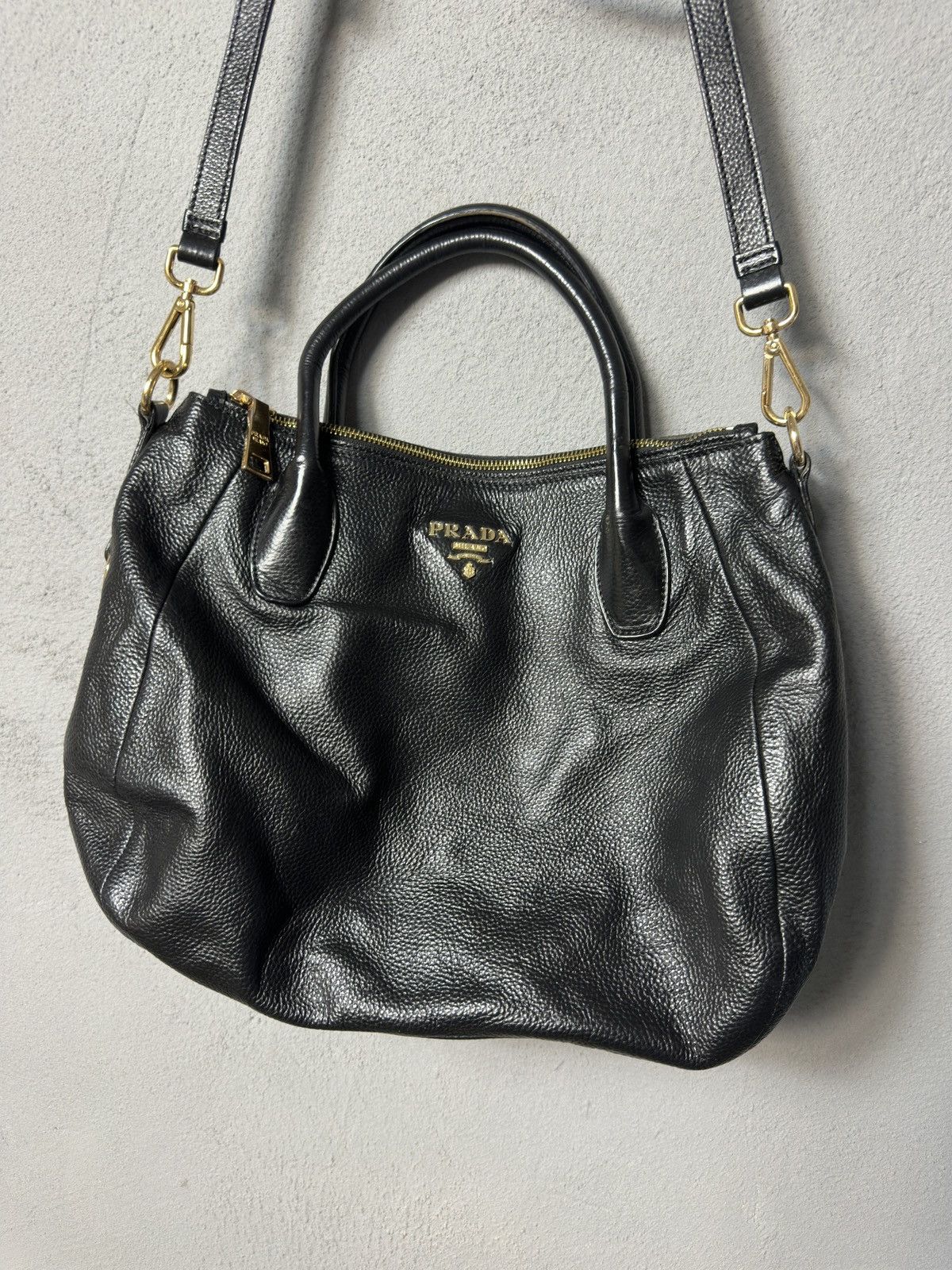 Designer × Prada Prada Black Vitello Daino Leather Sacca 2 Manici Hobo Bag Size ONE SIZE - 2 Thumbnail