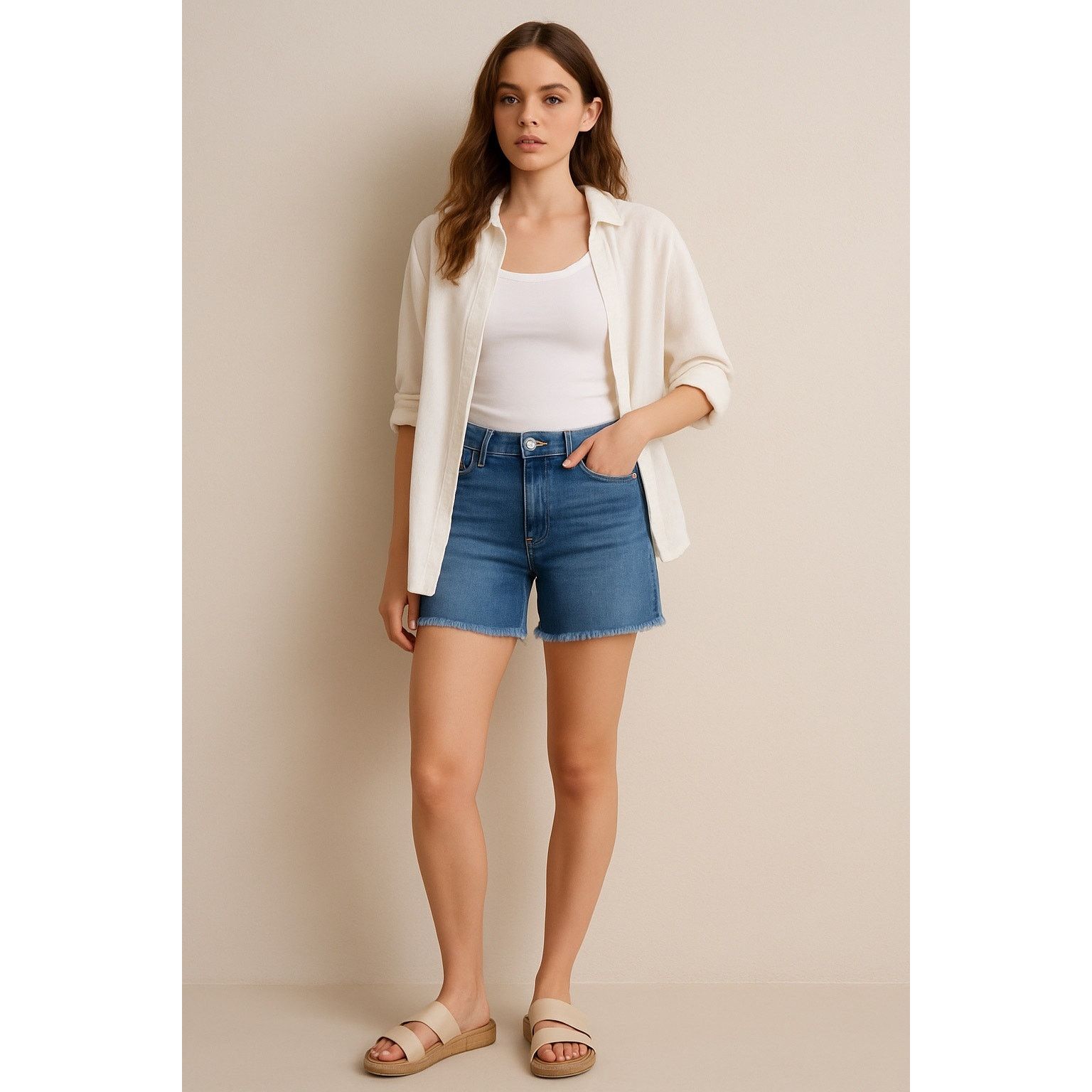 Gap GAP long & lean women's denim shorts 8L mid rise frayed hem Size 30" / US 8 / IT 44 - 13 Thumbnail