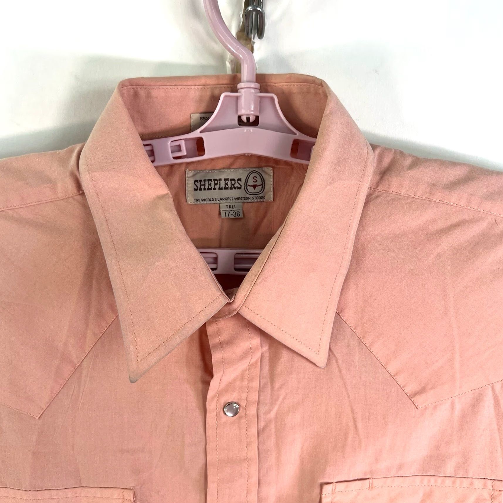 Vintage Sheplers Western Pearl-Snap Shirt Mens Size 17T Salmon Long Sleeve Button-Up Casual Western Shirt Mens 17T/35 Orange XS? Size US XL / EU 56 / 4 - 4 Thumbnail
