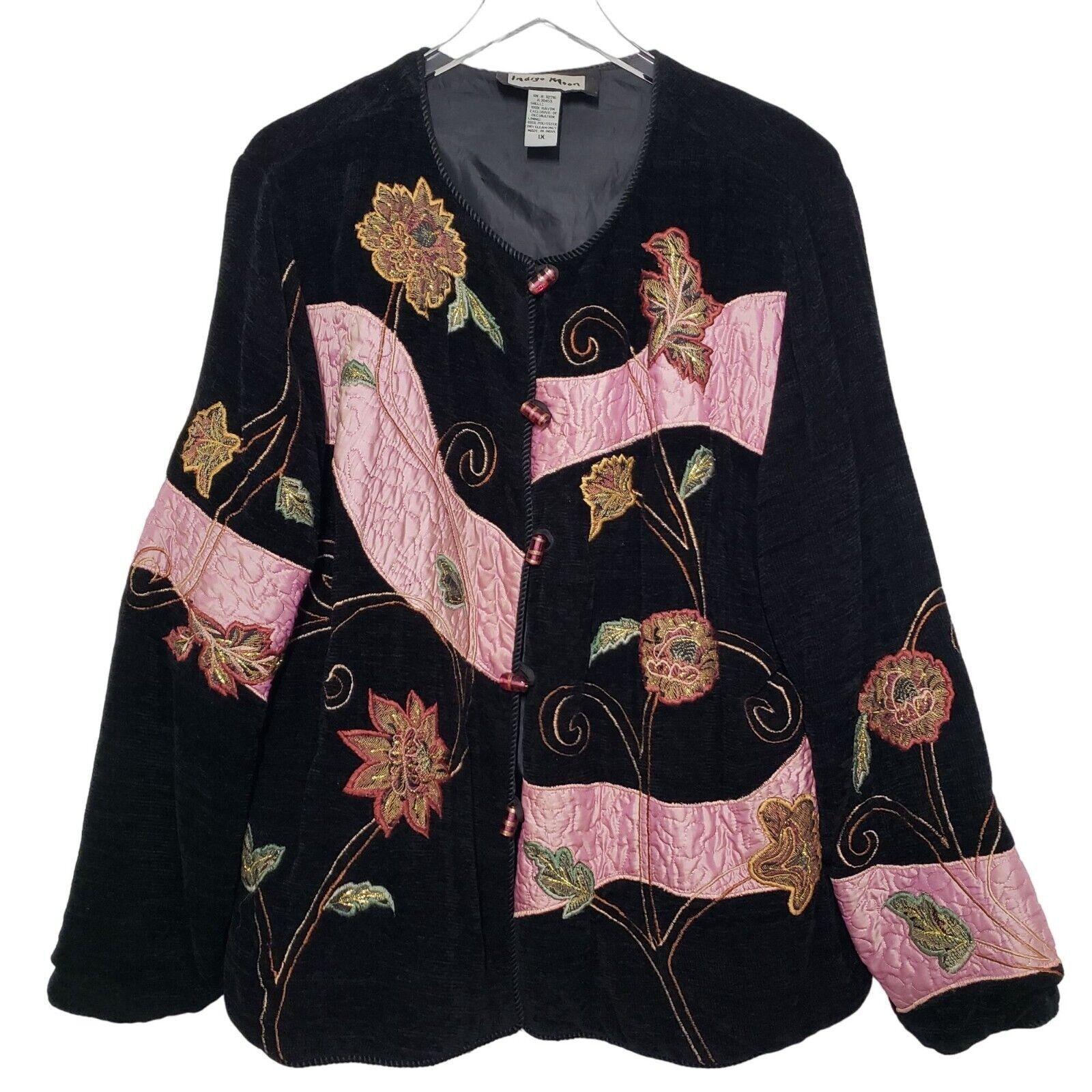 Designer Indigo Moon Embroidered Floral Jacket Womens Sz 1X Black Art Size XL / US 12-14 / IT 48-50 - 1 Thumbnail
