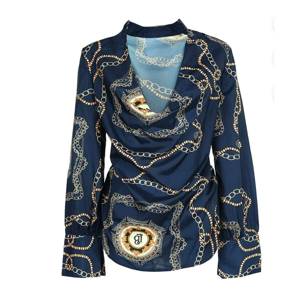 Other Womens Navy Chain Baroque Print Cowl Neck Long Sleeve Top L Size L / US 10 / IT 46 - 1 Thumbnail