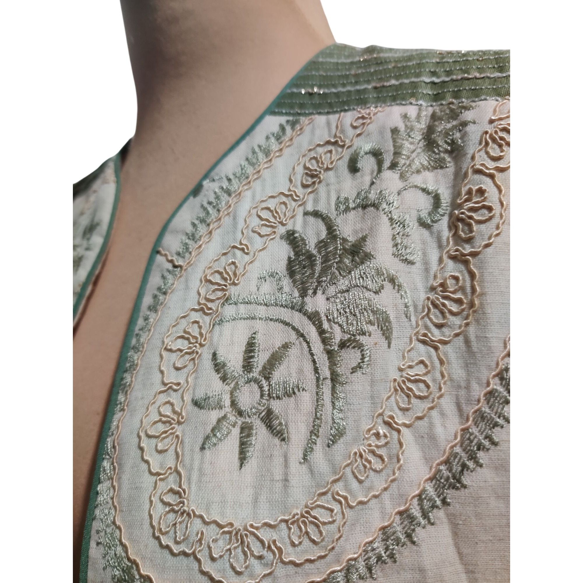 Other Womens L Jacket Boho Embroidered Fringe Cream Green Open Fro Size L / US 10 / IT 46 - 10 Thumbnail