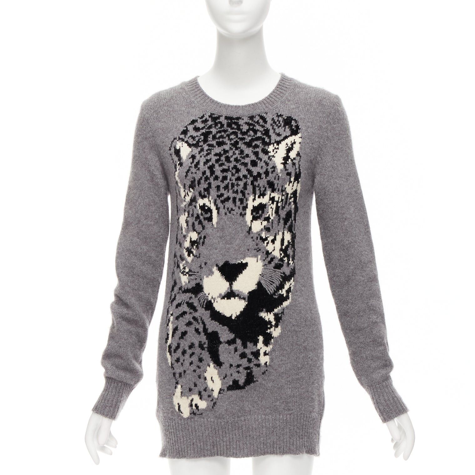 Stella McCartney STELLA MCCARTNEY grey black cream leopard intarsia crew neck knitted dress Size S / US 4 / IT 40 - 1 Thumbnail