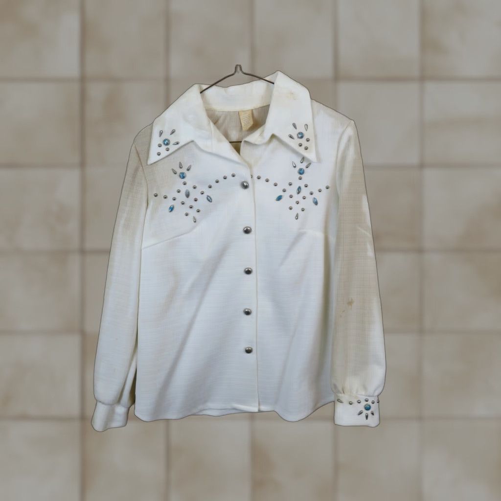 Vintage VINTAGE Polyester Top Shirt Turquoise Gold Stone M Stain Destroyed 1970s White Rockabilly Casual Mens Womens Boys Girls M Regular Size M / US 6-8 / IT 42-44 - 1 Thumbnail