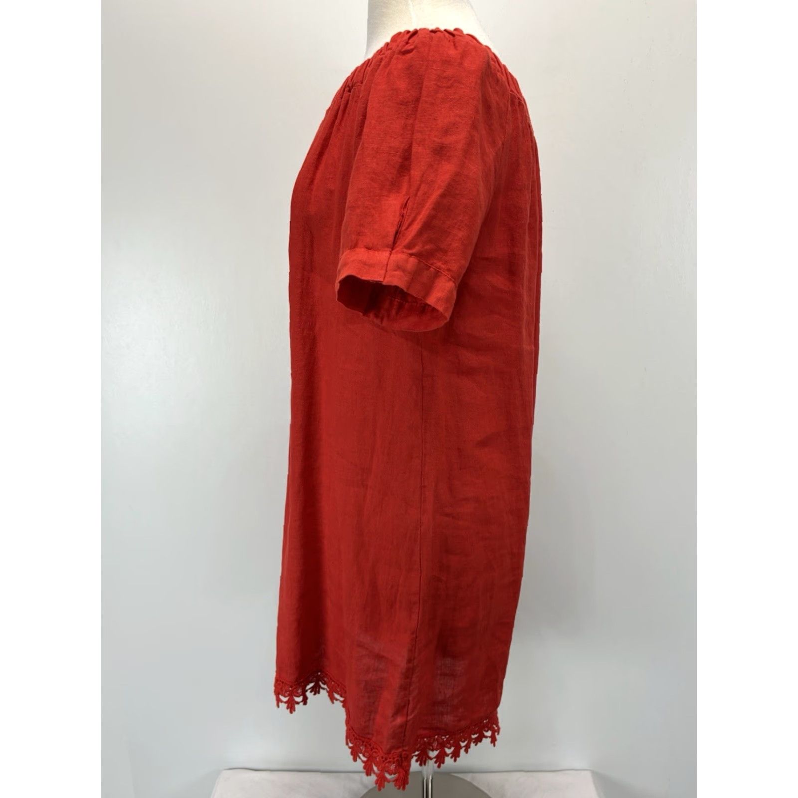 Vintage Lungo L’Arno Off The Shoulder Shift Dress Women M Red Linen Crochet Hem Italy - Bohemian Resort Summer Casual Dress Mens? Size M / US 6-8 / IT 42-44 - 2 Thumbnail