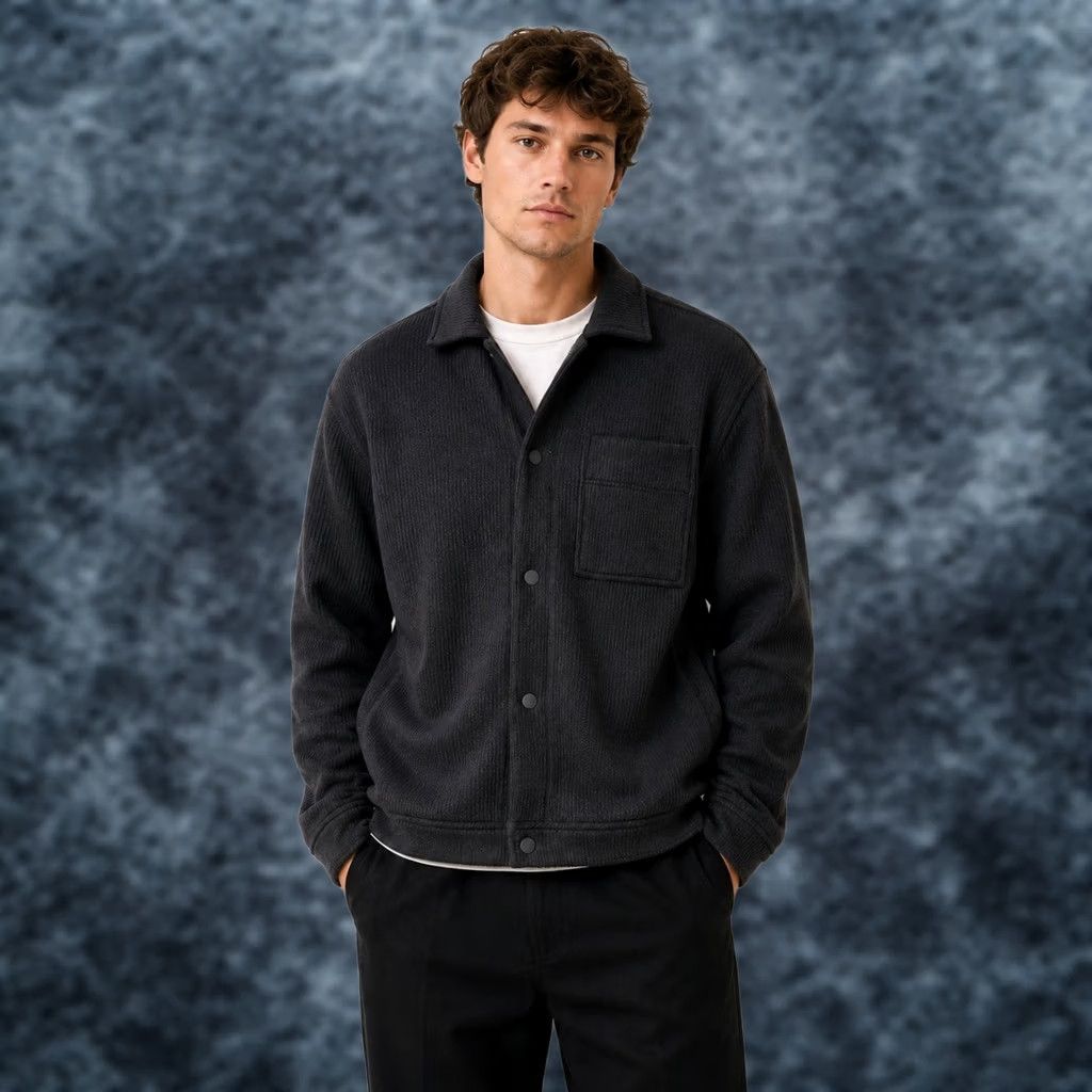 Vintage Mode Of One Mens M Jet Grey Knit Shirt Jacket Snap Front Textured NWT Size US M / EU 48-50 / 2 - 1 Thumbnail
