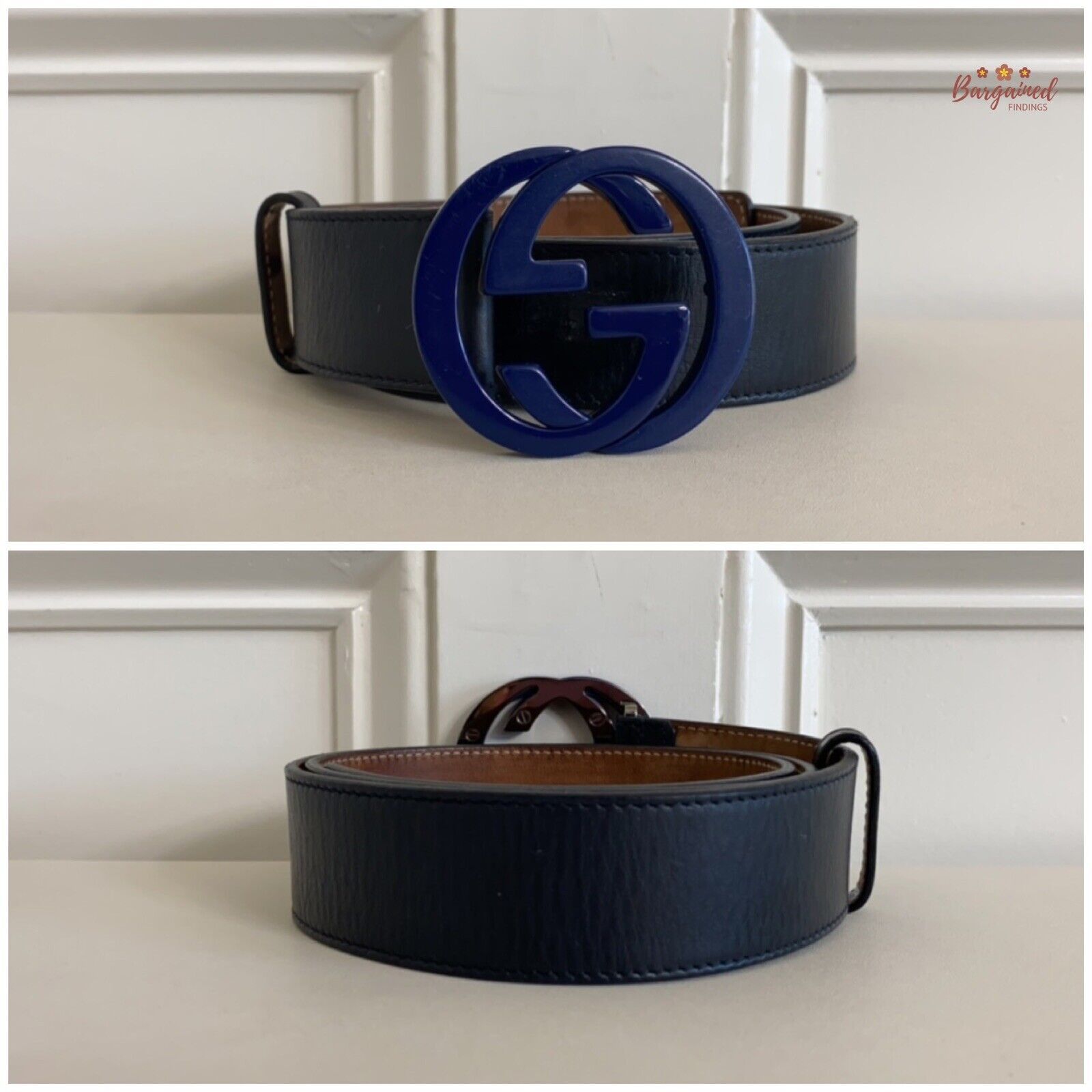 Gucci GUCCI Black Calfskin Leather Blue Interlocking G Buckle Belt Size 32 - 8 Thumbnail