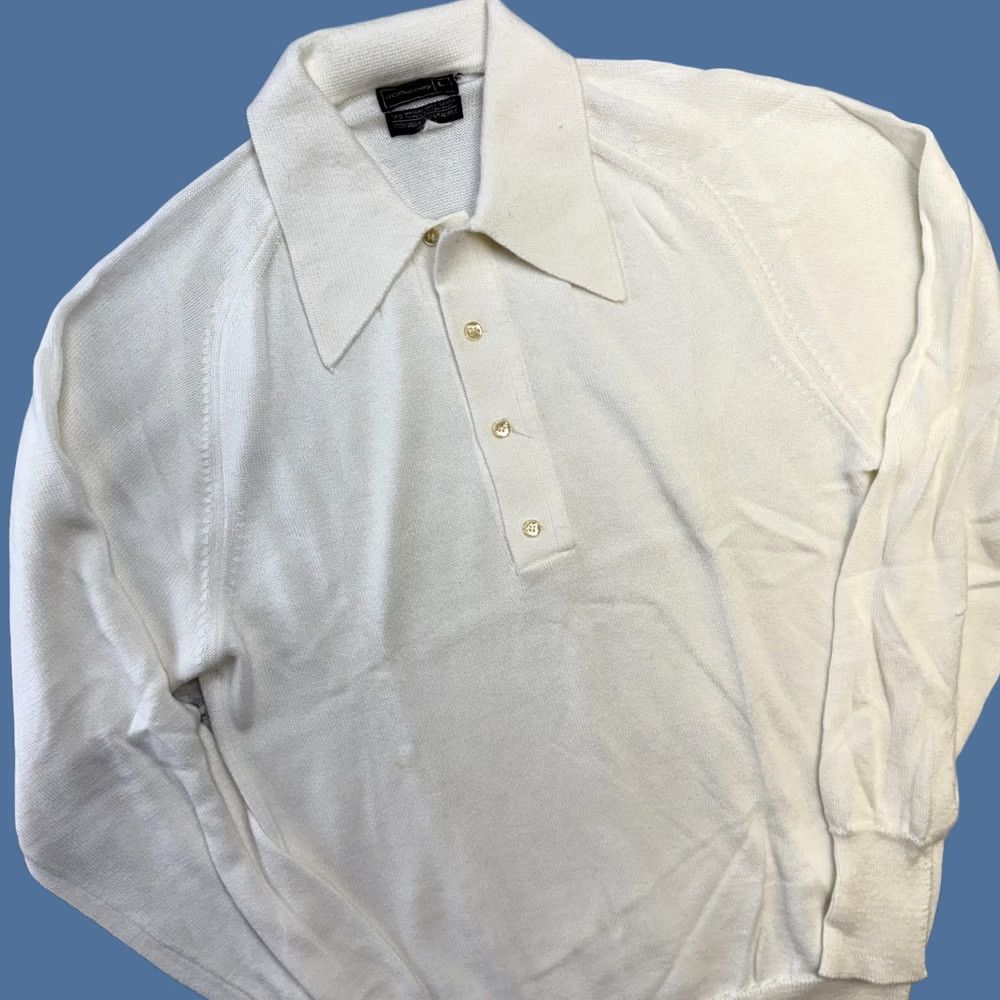 Vintage VTG JC Penney Knit Polo Shirt Men LT Large Cream Ivory 70s 80s Dagger Collar Knit Sweater Polo Size US L / EU 52-54 / 3 - 1 Thumbnail