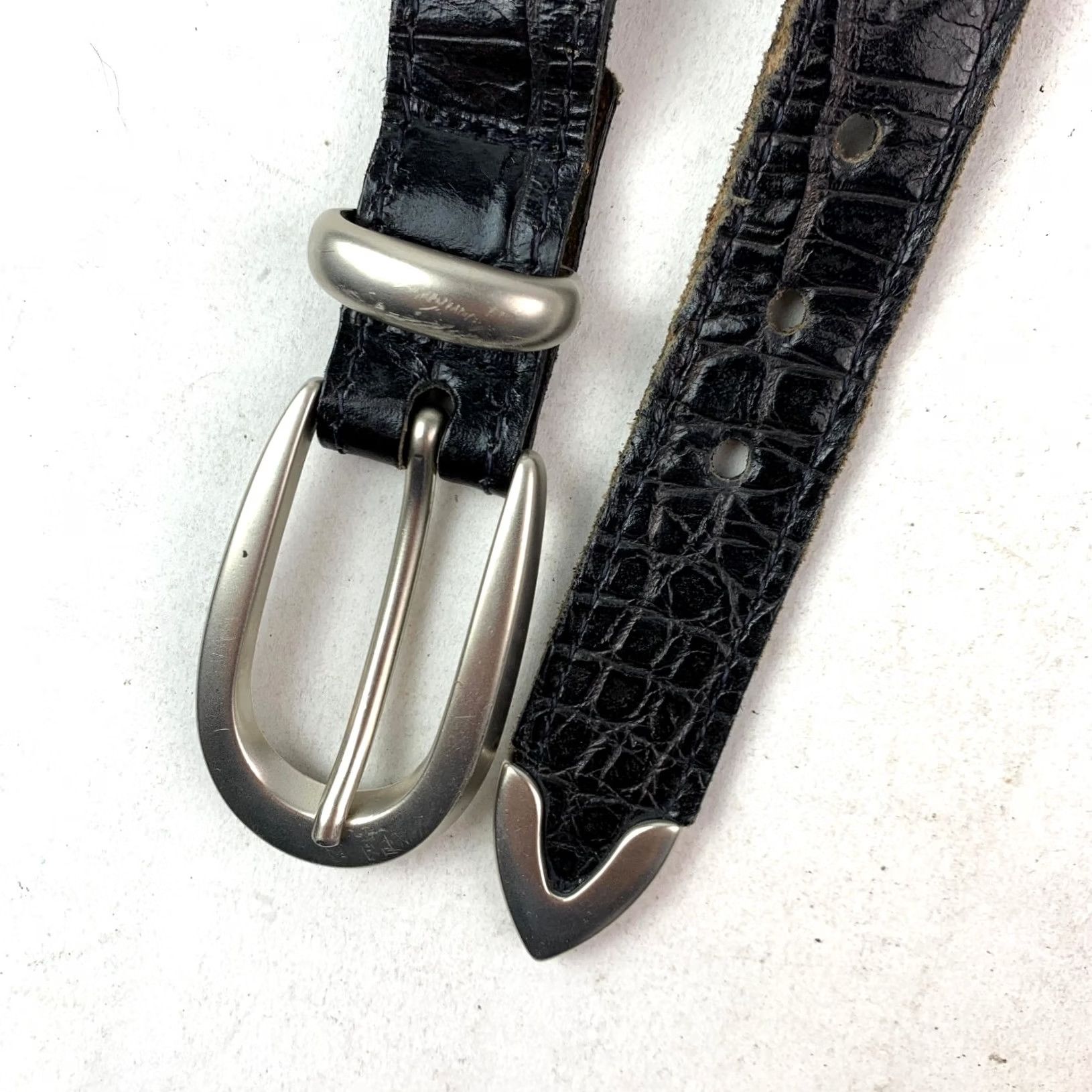 Brighton VINTAGE Brighton Black Croc Embossed Leather Belt Silver Animal Charms 33" Womens Belts Size ONE SIZE - 3 Thumbnail