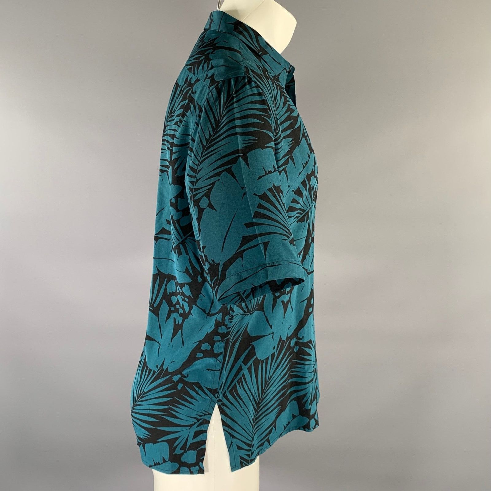Saint Laurent Paris SAINT LAURENT S Turquoise Black Abstract Floral Silk Shirt Size US S / EU 44-46 / 1 - 3 Thumbnail