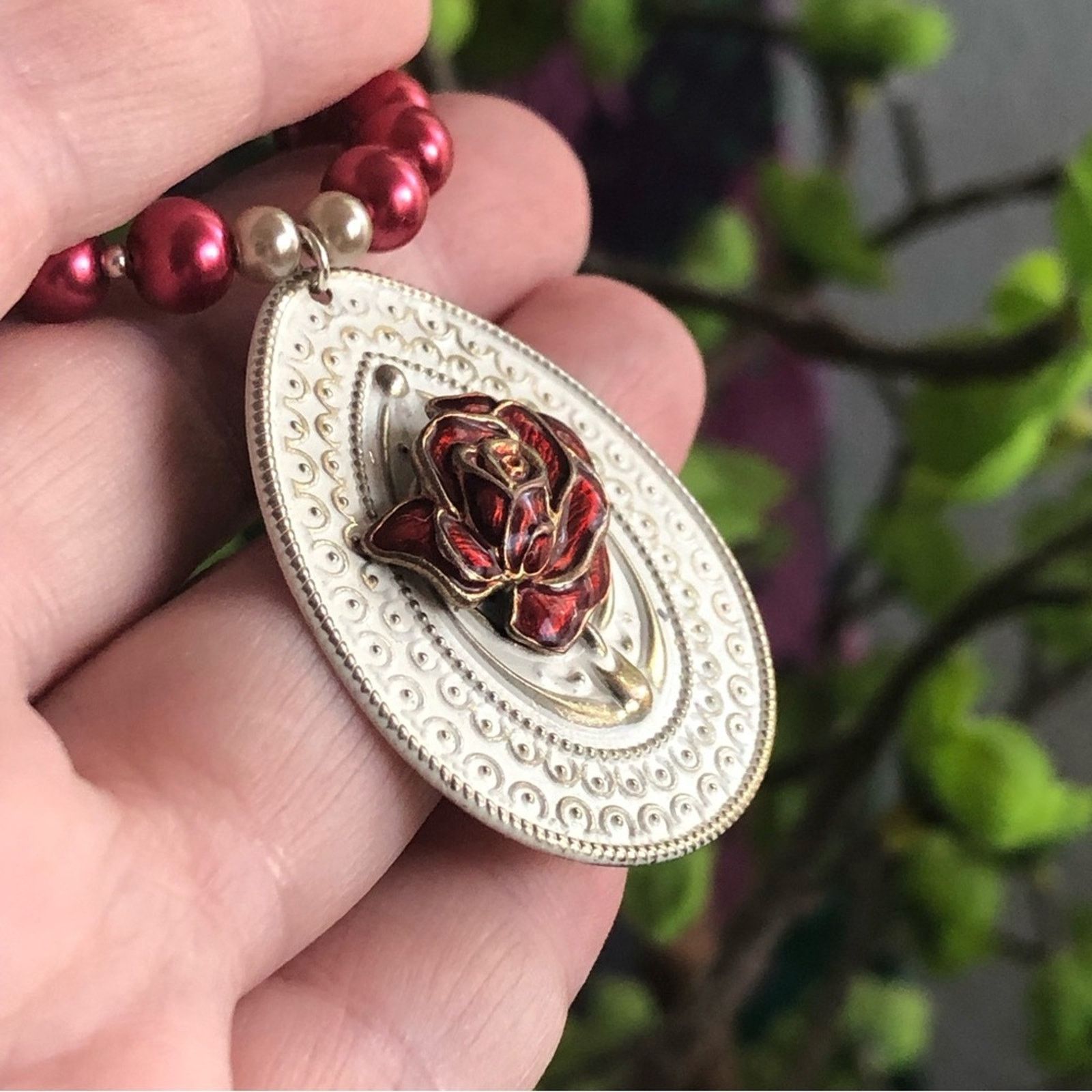 Handmade Handcrafted repurpose red rose filigree Pearl necklace Size ONE SIZE - 9 Thumbnail
