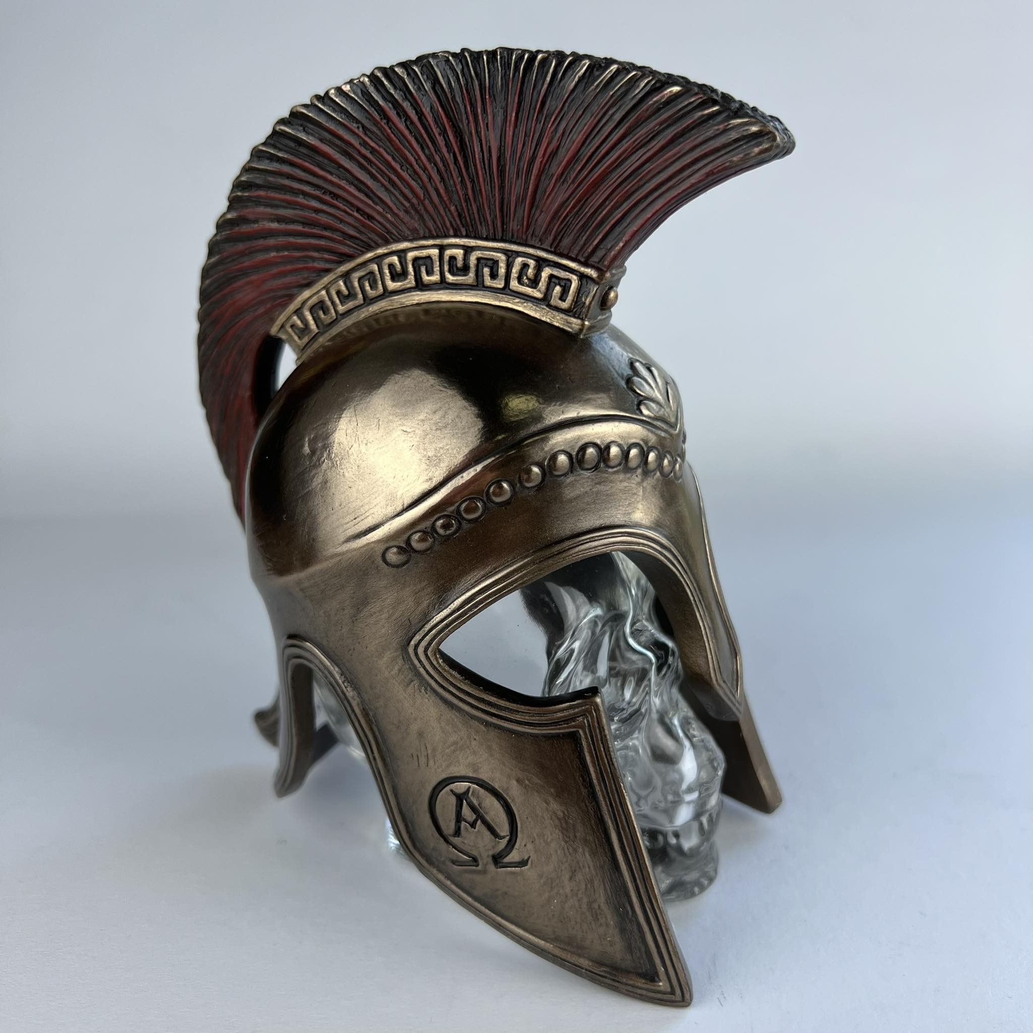 Vintage Spartan Helmet on Glass Skull Statue Figure Polystone Bronze Size ONE SIZE - 2 Thumbnail