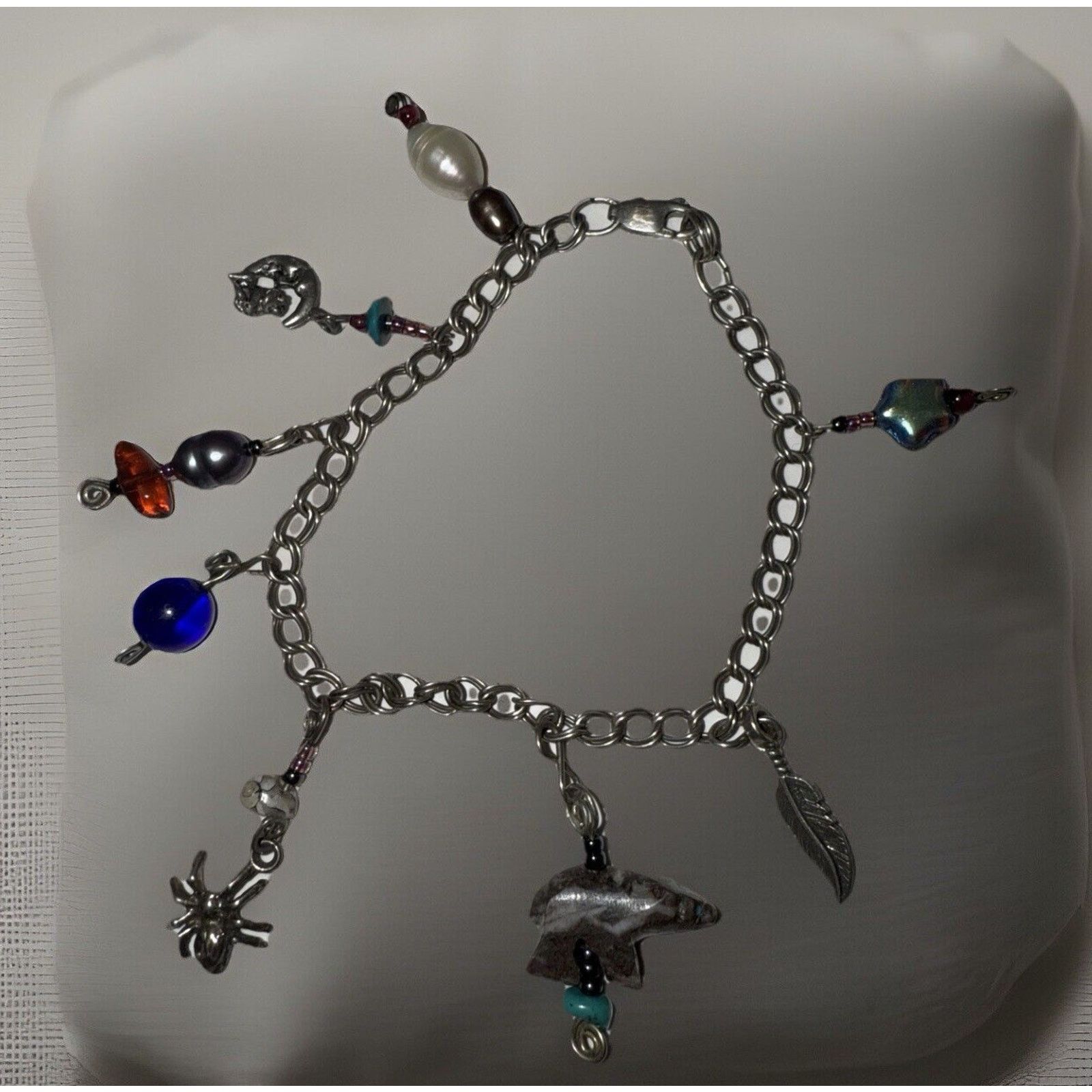 Sterling Silver Signed 925 Sterling Silver Charm & Beaded Bracelet 6.75” Size ONE SIZE - 2 Thumbnail