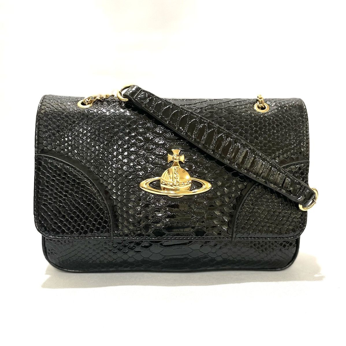 Vivienne Westwood Snakeskin Glossy Flap Shoulder Bag  Black, Women's
