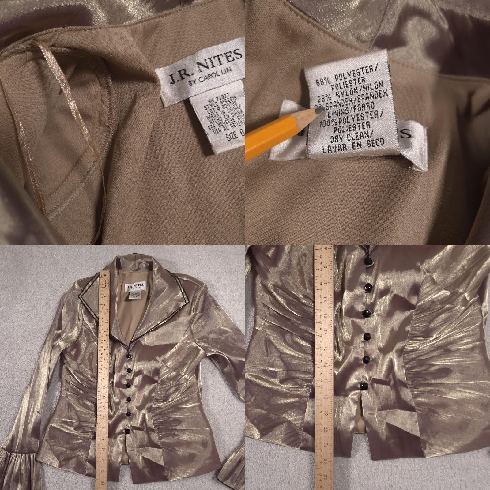 Vintage J.R. Nites Blazer Womens 6 Gold Metallic Shimmer Ruched Tuxedo Pleated Sleeve Jacket Size M / US 6-8 / IT 42-44 - 8 Thumbnail