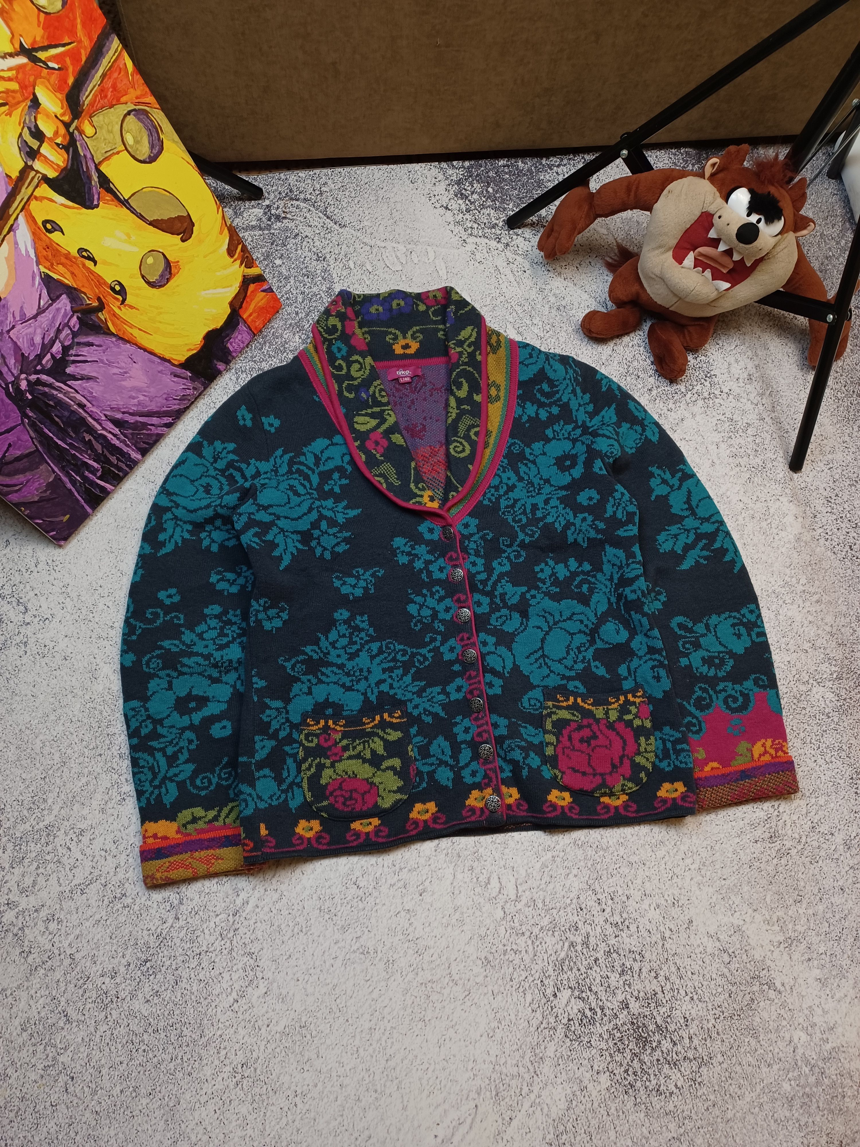 Designer IVKO Women Floral Multicolor Wool Blend Cardigan Size L / US 10 / IT 46 - 1 Thumbnail