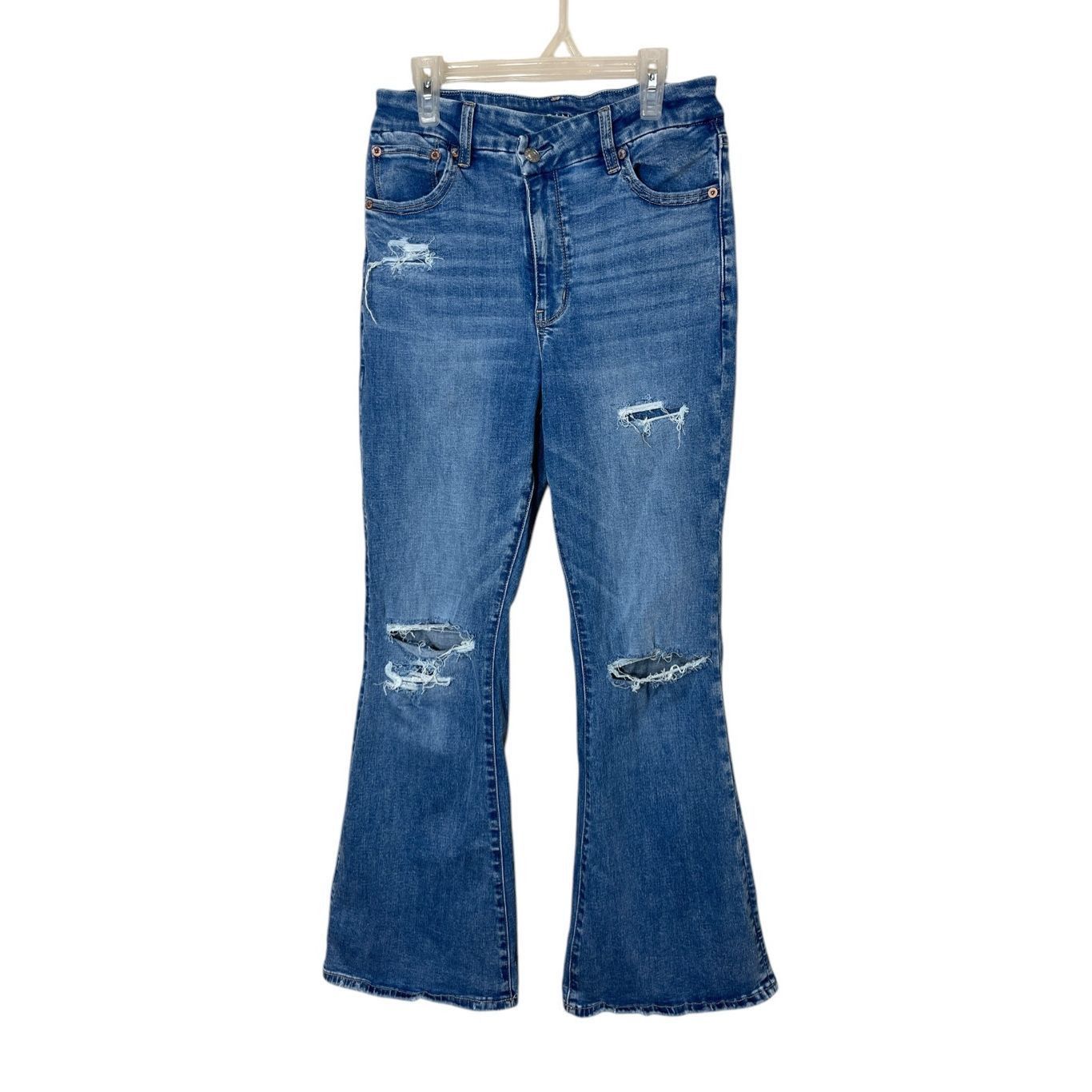 American Eagle Outfitters American Eagle Curvy Super High Rise Flare Distressed Jeans Size 28" / US 6 / IT 42 - 1 Thumbnail