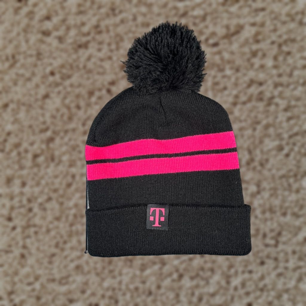 Pinko T-Mobile Beanie Toque Hat Unisex Adults One Size Pink Black 100% Acrylic Knit Logo Ski Pom Beanie Size ONE SIZE - 1 Thumbnail