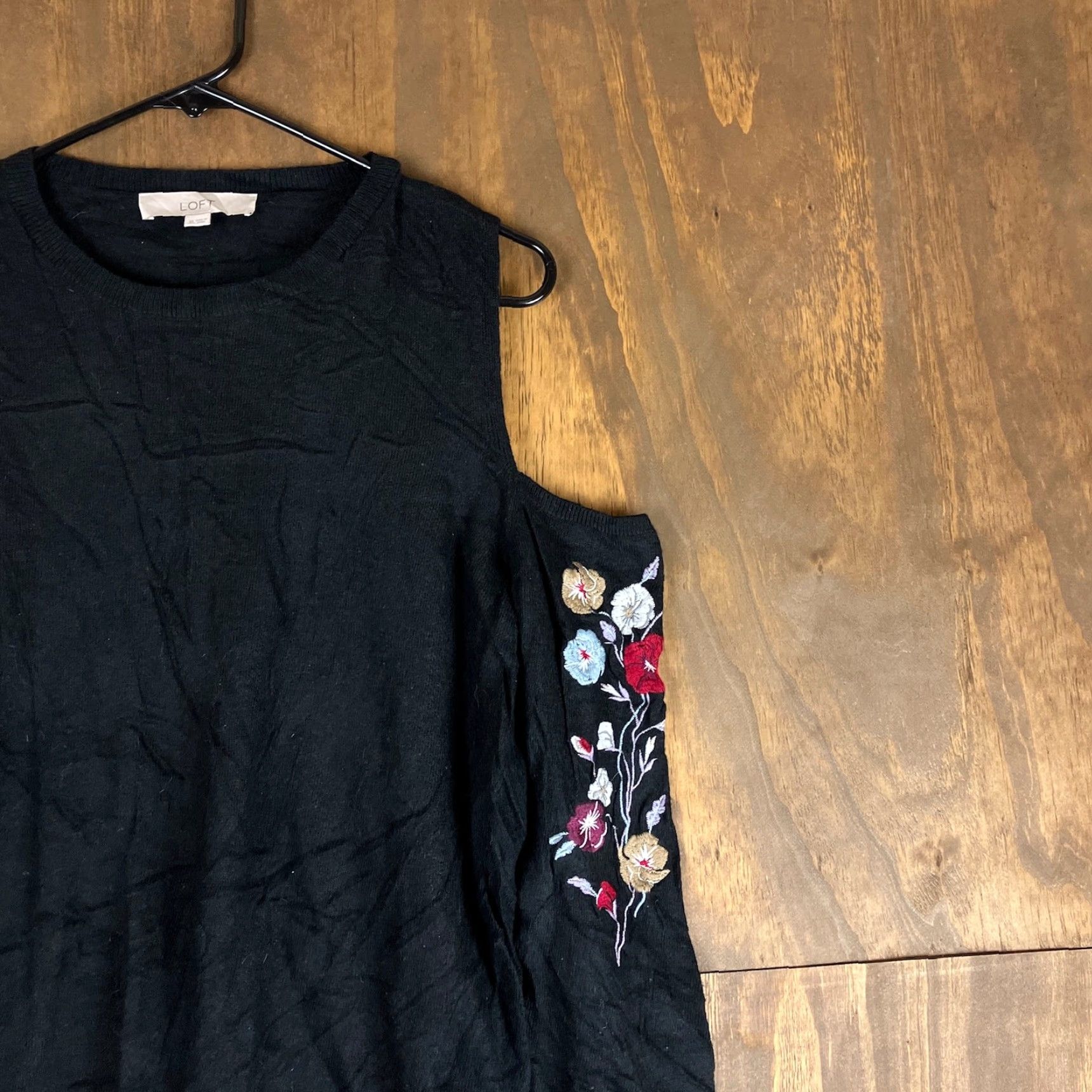 Loft LOFT Womens Sweater Black Floral Embroidered Cold Shoulder Crew Wool Blend XL Size XL / US 12-14 / IT 48-50 - 5 Thumbnail