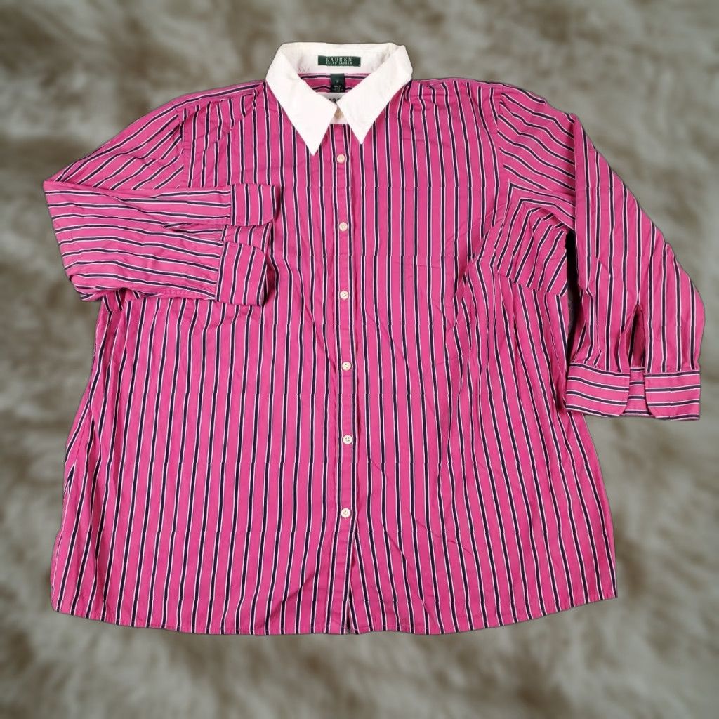 Ralph Lauren VINTAGE Ralph Lauren Women's Shirt 1X Pink Striped Button-Up Long Sleeve Casual Classic Size XL / US 12-14 / IT 48-50 - 1 Thumbnail