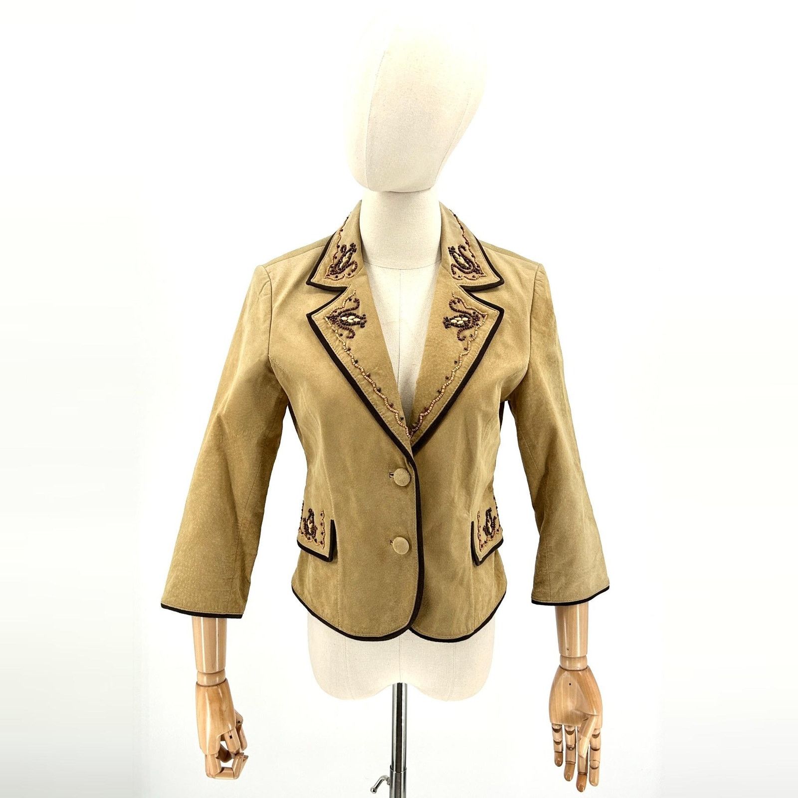 Vintage 90s Margaret Godfrey Tan Genuine Suede Beaded Western Blazer Size S / US 4 / IT 40 - 1 Thumbnail