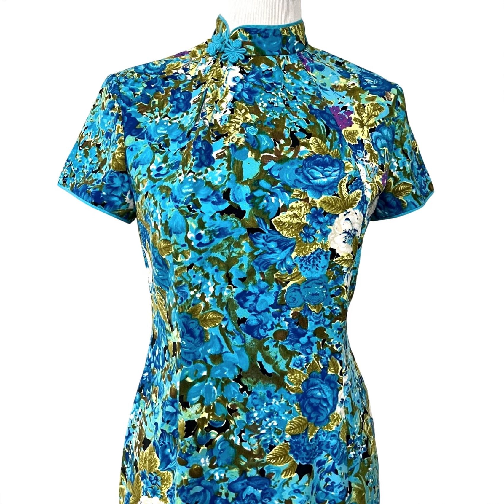 Vintage Jane Story Asian Women’s Dress Blue Floral Mandarin Collar 165/88A Sz L Size L / US 10 / IT 46 - 2 Thumbnail