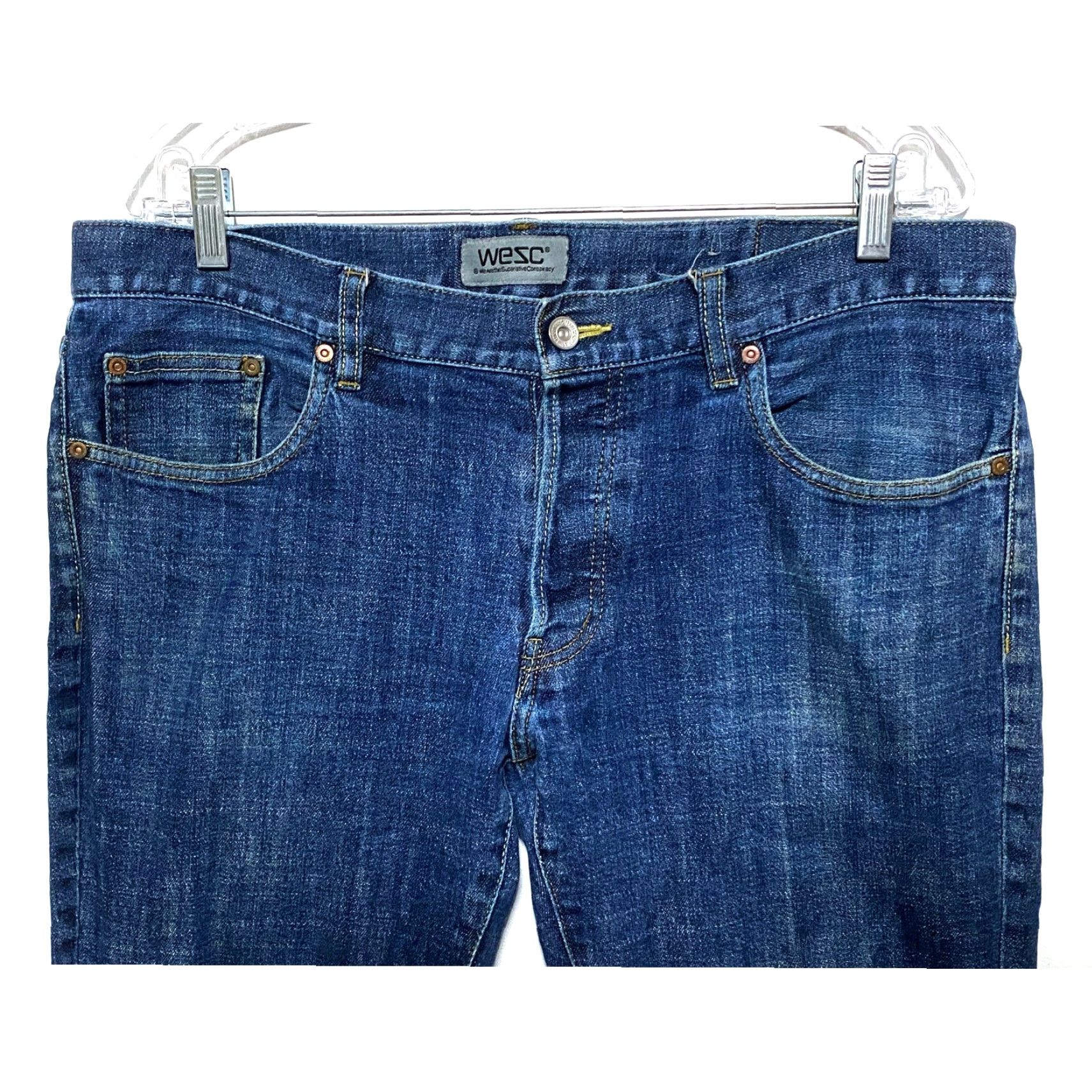WeSC WESC Jeans Button Fly Dark Wash Straight Leg Mens 36x31 Normcore Capsule Casual Denim 5-Pocket Design White? Size US 36 / EU 52 - 3 Thumbnail
