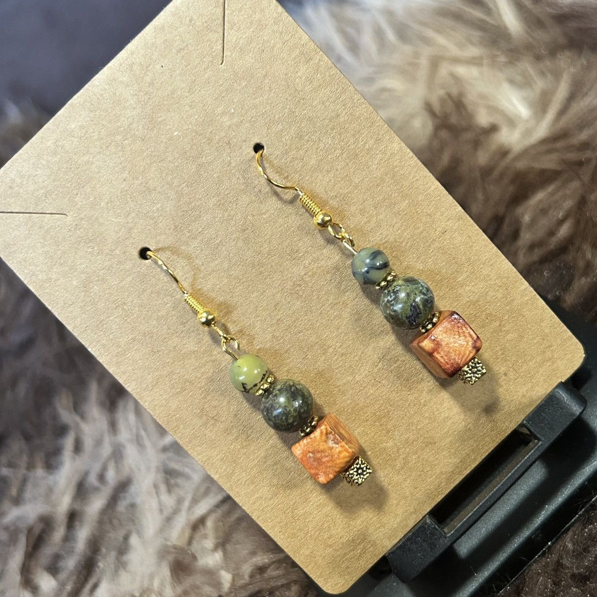 Handmade Handcrafted vintage wood bead dragon vein agate earrings Size ONE SIZE - 1 Thumbnail