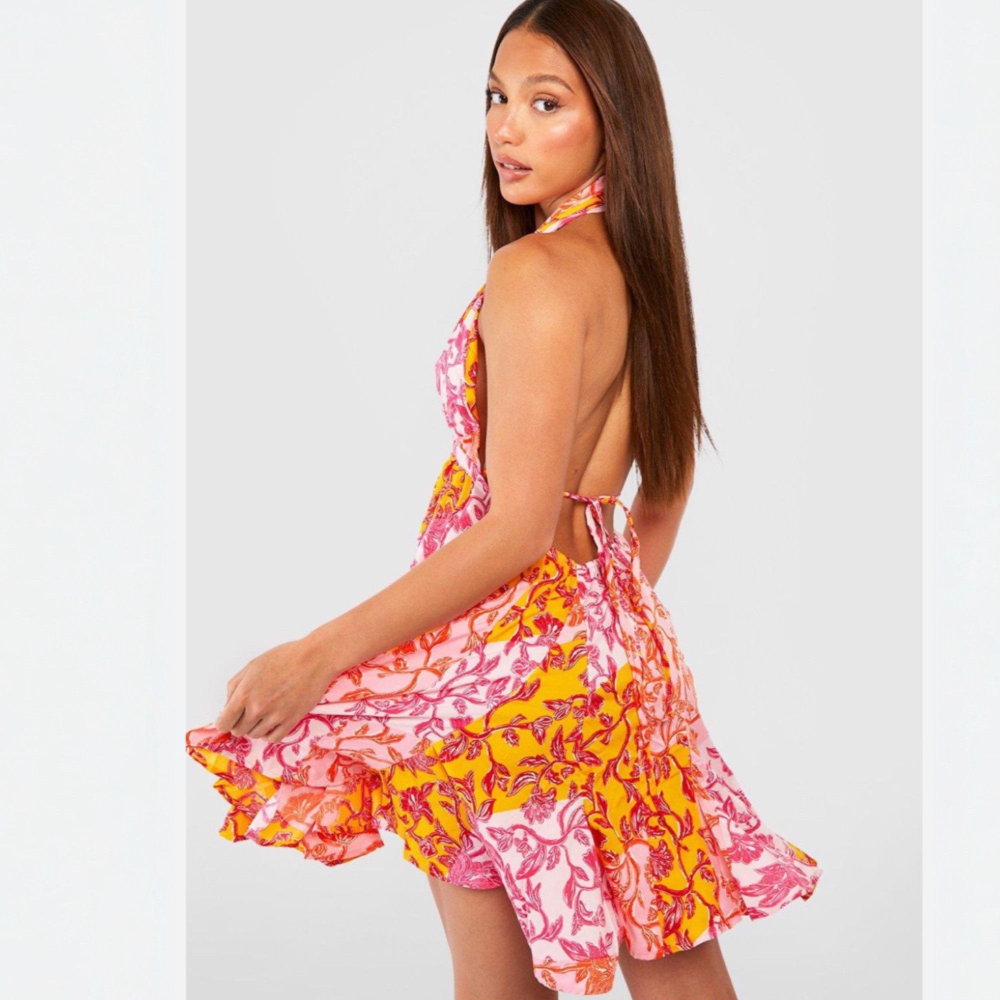 Boohoo Boohoo Tall Floral Halter Plunge Cage Swing Dress Pink Flor Size L / US 10 / IT 46 - 2 Thumbnail