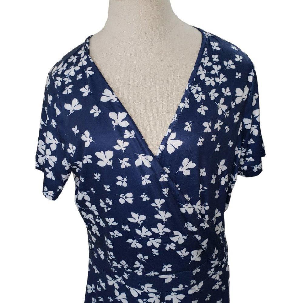 Designer CT508 Huhot Navy & White Floral Fake Wrap Dress XL Size XL / US 12-14 / IT 48-50 - 2 Thumbnail