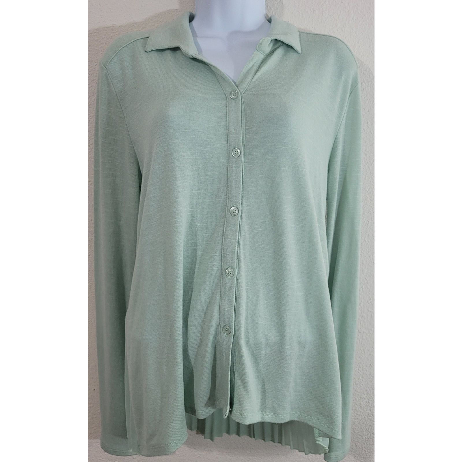Other Eyeshadow Mint Green Slub Knit Button Up Shirt L Sheer Back Size L / US 10 / IT 46 - 1 Thumbnail