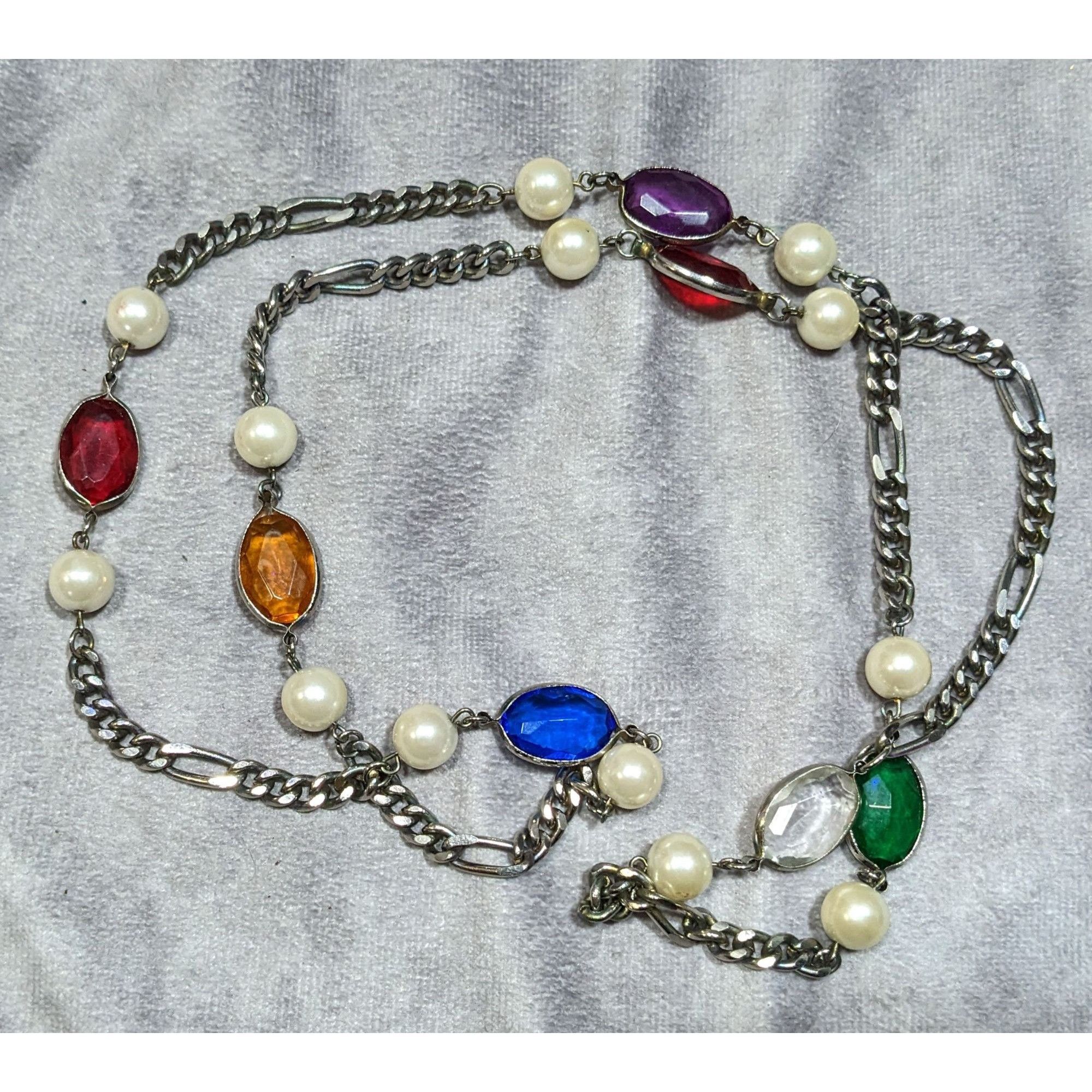 Other Vintage Faux Pearl And Rainbow Gem Station Necklace On Silve Size ONE SIZE - 4 Thumbnail