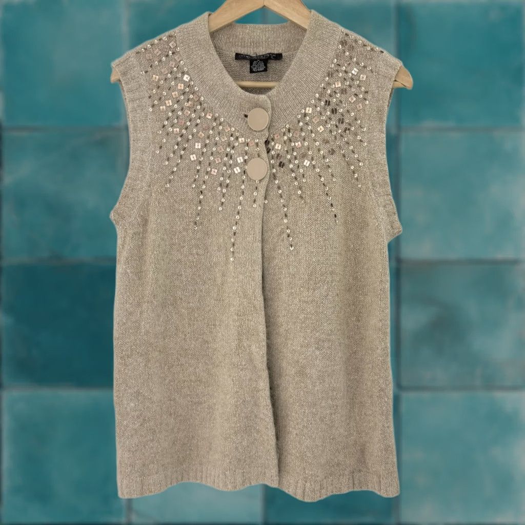 Vintage Pine Needles Beaded Sweater Vest - Womens Medium Beige Silk Knit Size M / US 6-8 / IT 42-44 - 1 Thumbnail