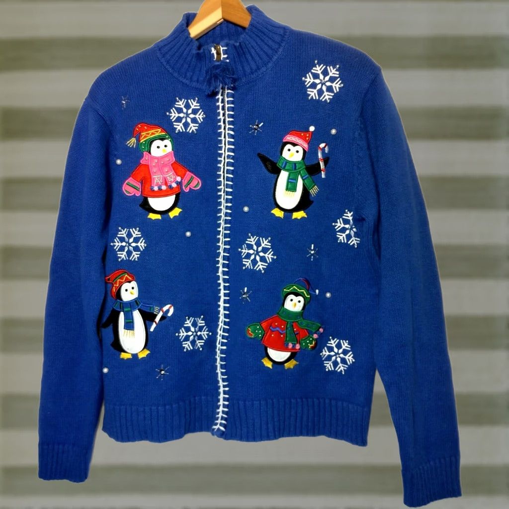 Vintage Crystal Kobe Cardigan Sweater L Blue Winter Snow Penguins Beaded Christmas Women Grade Regular Knit Mock Neck Long Sleeve Holiday Style Size L / US 10 / IT 46 - 1 Thumbnail