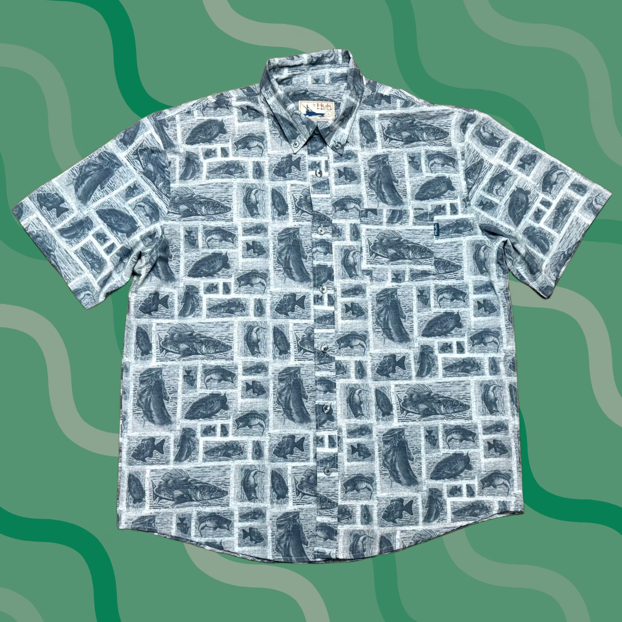Vintage Huk Fishing Shirt Sz L Gray Blue Fish AOP Short Sleeve Button Down Stretch Size US L / EU 52-54 / 3 - 1 Thumbnail