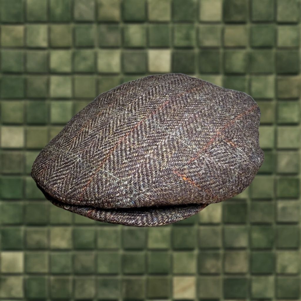 Harris Tweed VINTAGE Harris Tweed Newsboy Flat Cap Hat Brown Small Adult Handwoven Pure Wool Herringbone Retro Silk Lined Size ONE SIZE - 1 Thumbnail