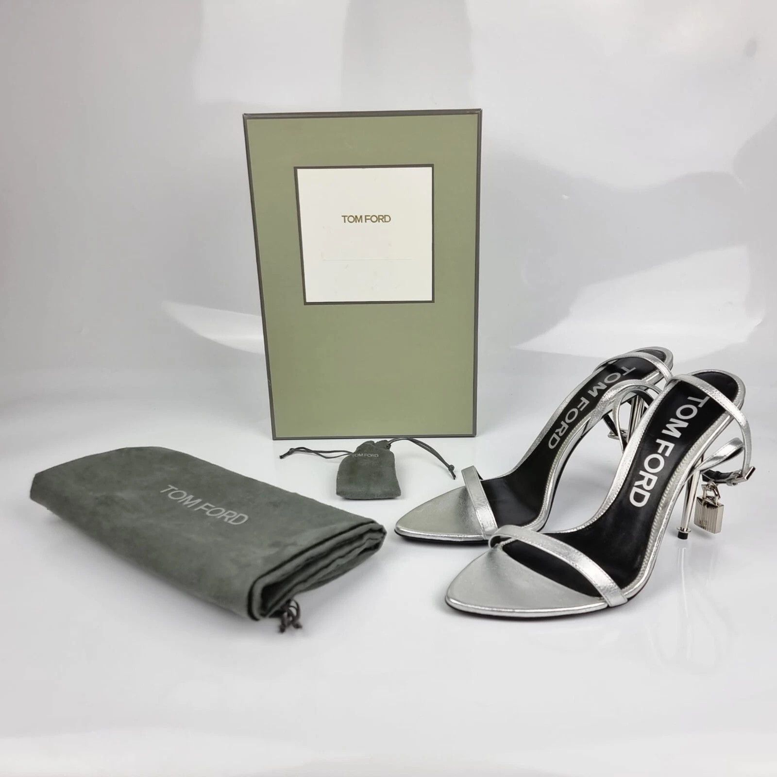 Tom Ford TOM FORD Padlock Silver Laminated Leather 105mm Sandals Size US 7.5 / IT 37.5 - 2 Thumbnail