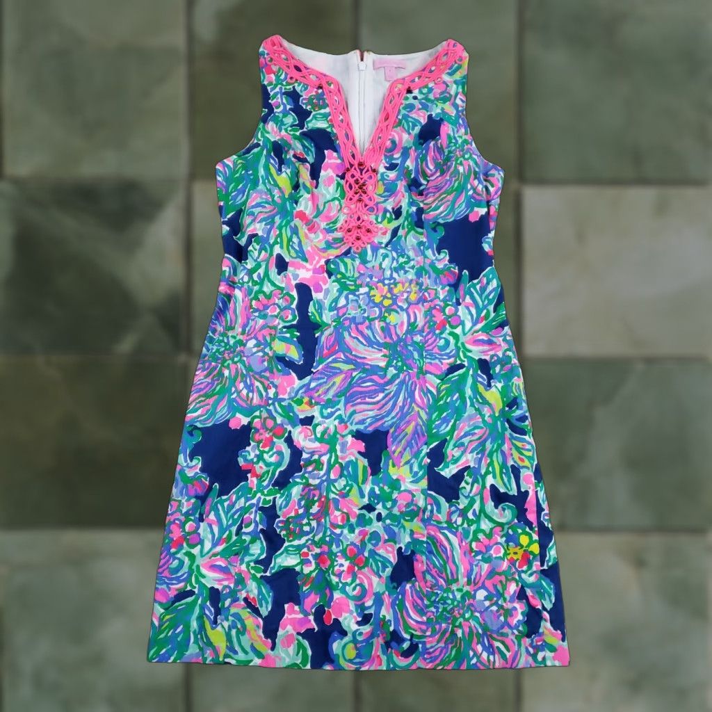 Lilly Pulitzer Lilly Pulitzer Ryder Shift Dress Womens 4 Blue Floral Pink Trim Cotton Beaded Size S / US 4 / IT 40 - 1 Thumbnail