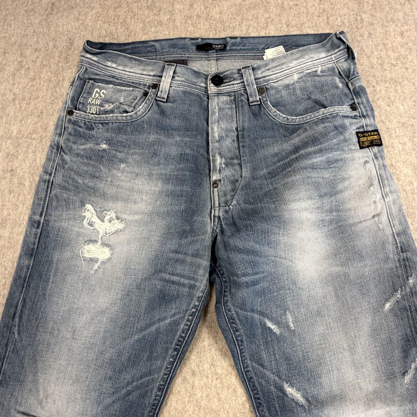 Vintage G-Star RAW Jeans Mens 33x34 Light Wash 3301 Distressed Straight Button Fly Size US 33 - 2 Thumbnail