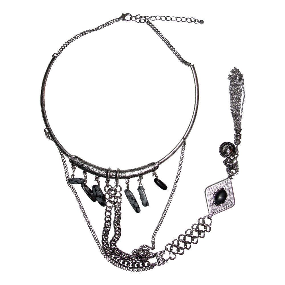Designer New Silver Tone Bedouin Inspired Obsidian Dangle Necklace Size ONE SIZE - 5 Thumbnail
