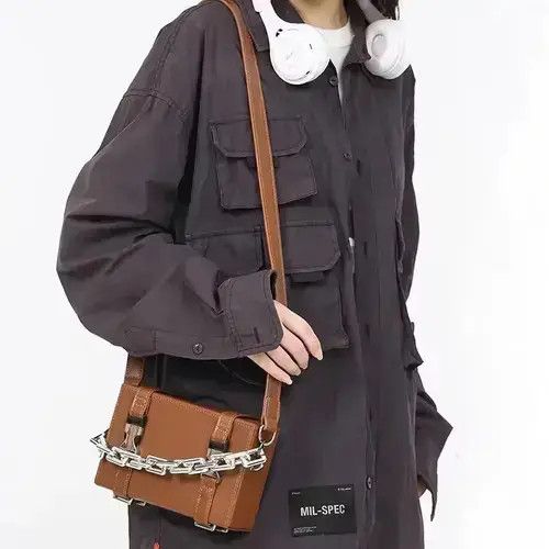 Y2K Pu Leather Buckle Chain Shoulder Box Bag in Brown, Men's