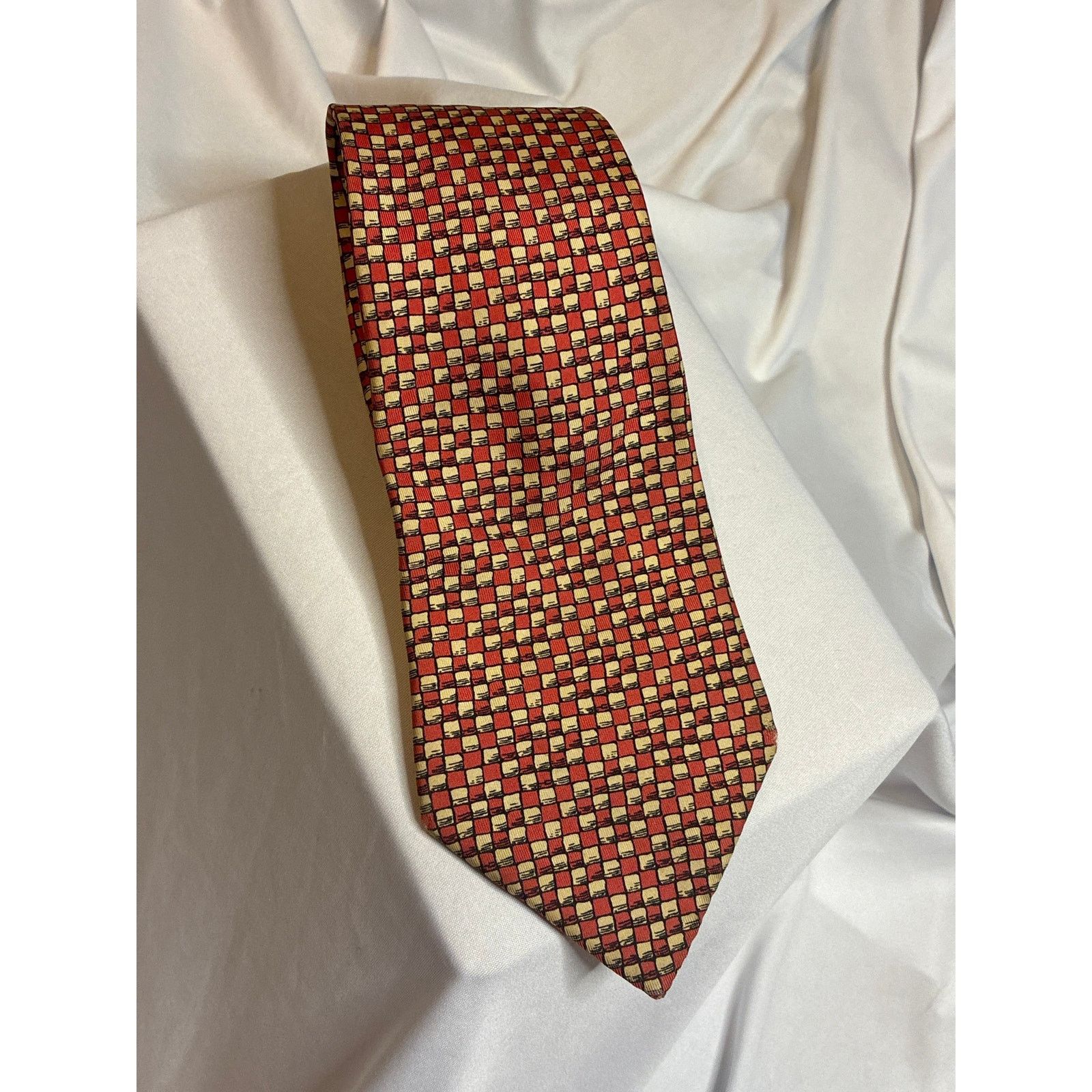 Hermes Hermès 398 EA Silk Tie - Red Geometric Checkered FLAWS Size ONE SIZE - 8 Thumbnail