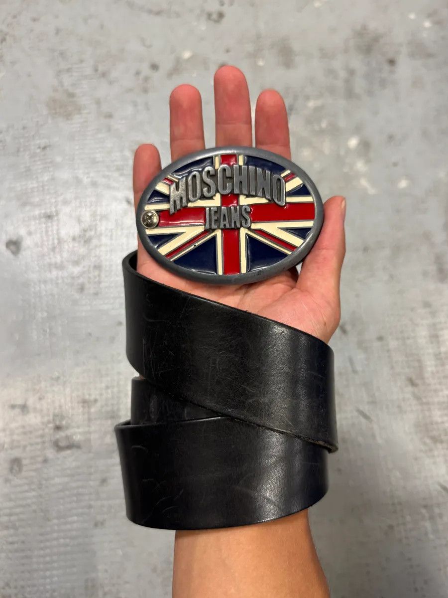 Moschino UK Flag Buckle Black Leather Belt