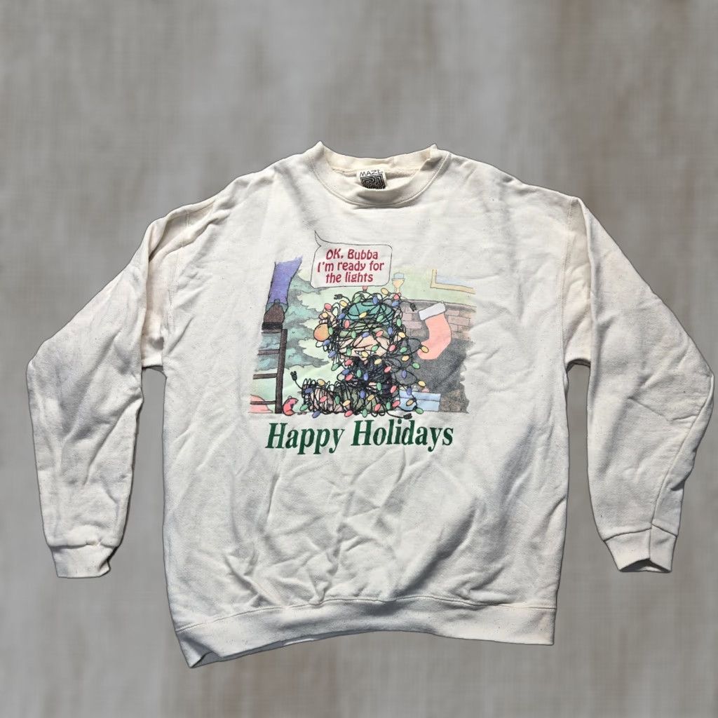 Tultex Vintage Bubba Sweater Shirt Mens Large Ivory 1990s Tultex Hunting Look Holiday Lights Ready for the Lights Mens Size US L / EU 52-54 / 3 - 1 Thumbnail