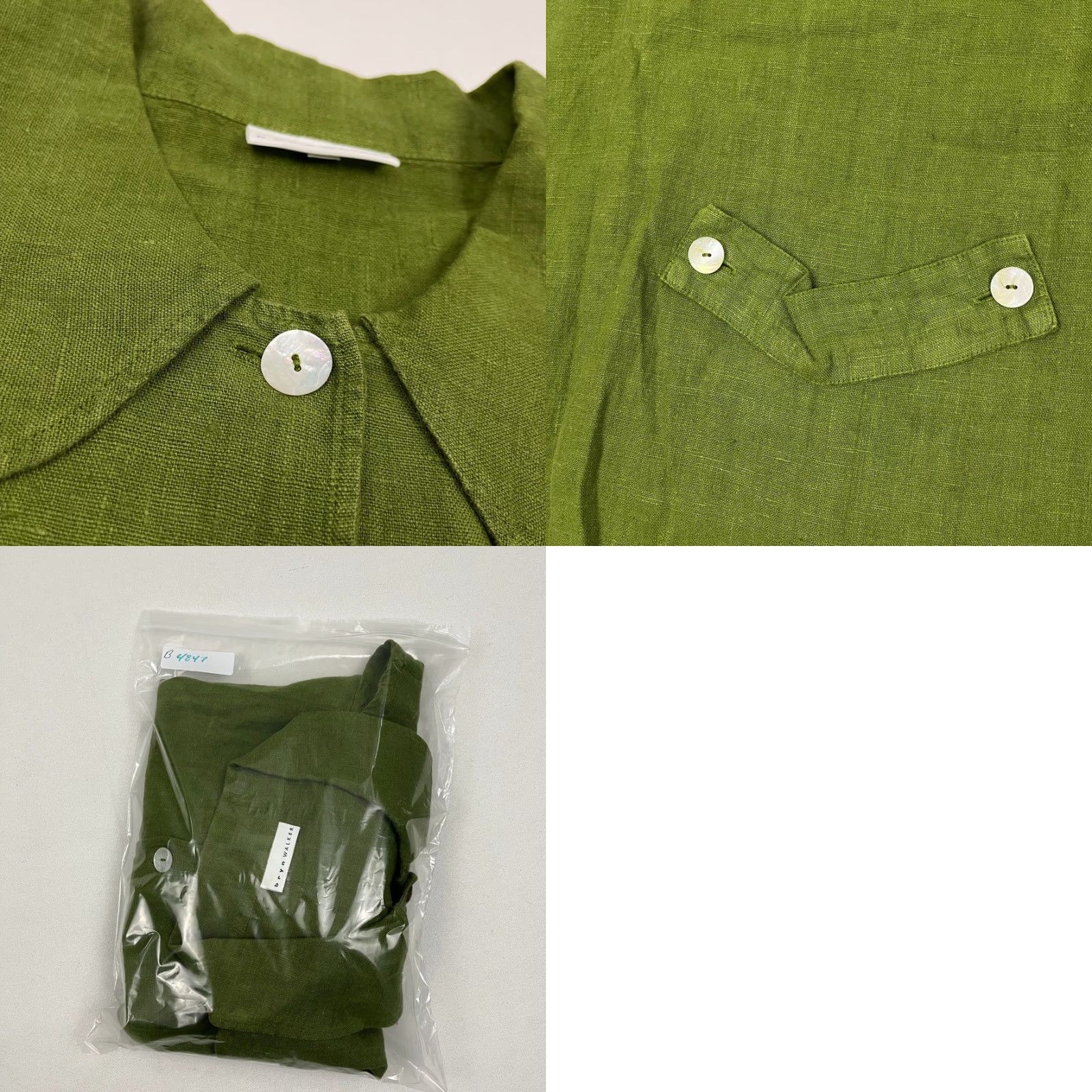Bryn Walker Top Womens M Green Oversized 100% Linen MOP Buttons Ruffle Lagenlook